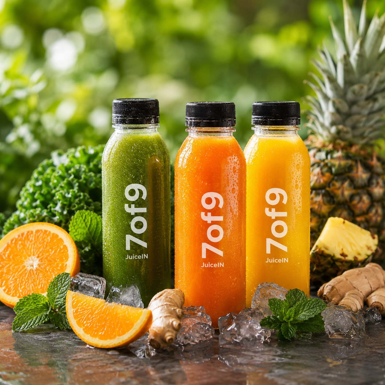 A selection of 7of9 JuiceIN fresh drinks