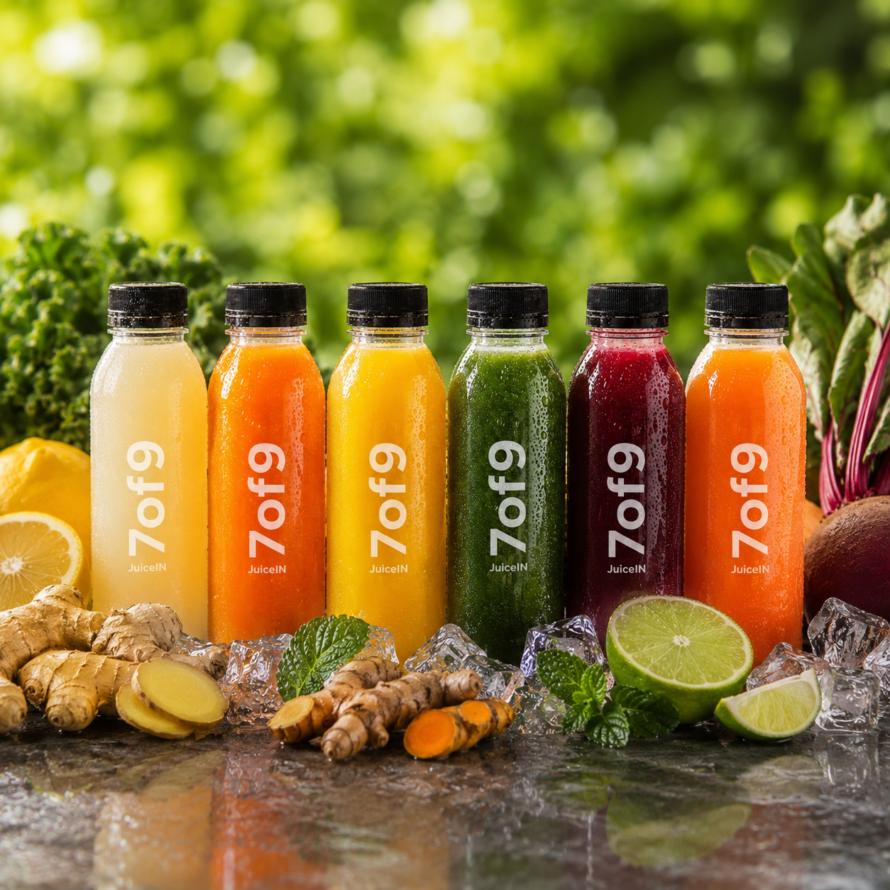 Selection of colourful 7of9 JuiceIN shots