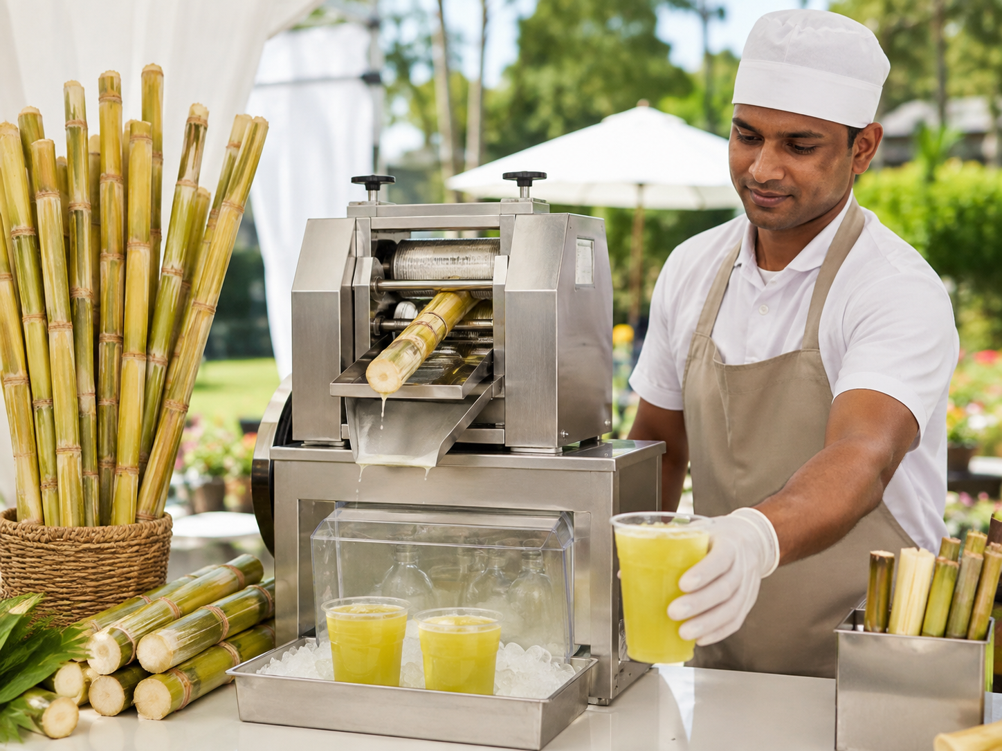 Fresh sugarcane juice being pressed at a JuiceIN Pop-Up